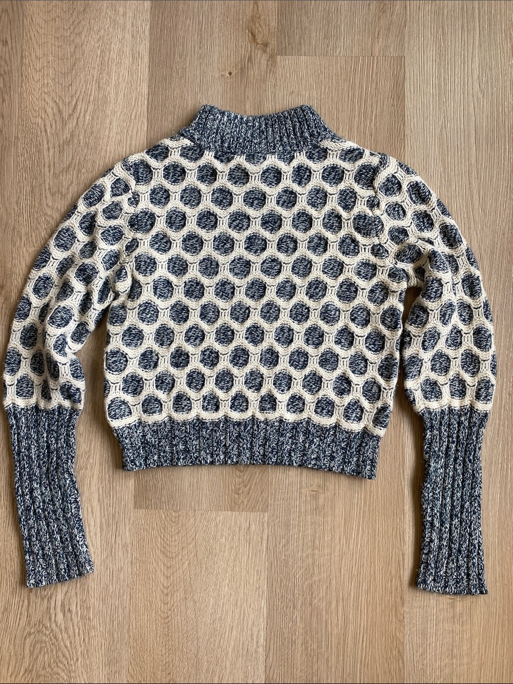 Club Monaco Honeycomb Knit Cropped Mock Neck Sweater Wool Alpaca Blue Ivory S - Picture 8 of 11